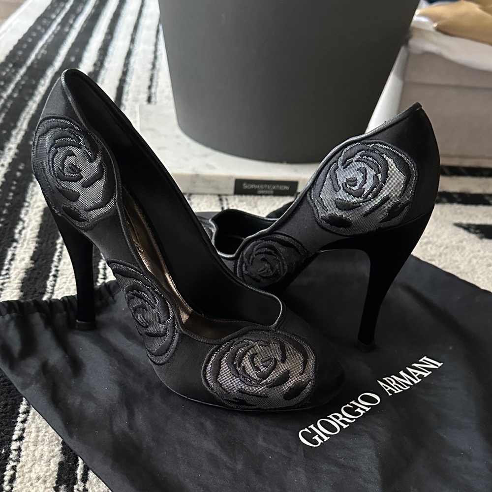 Giorgio Armani Black Rose Embroidered Heels